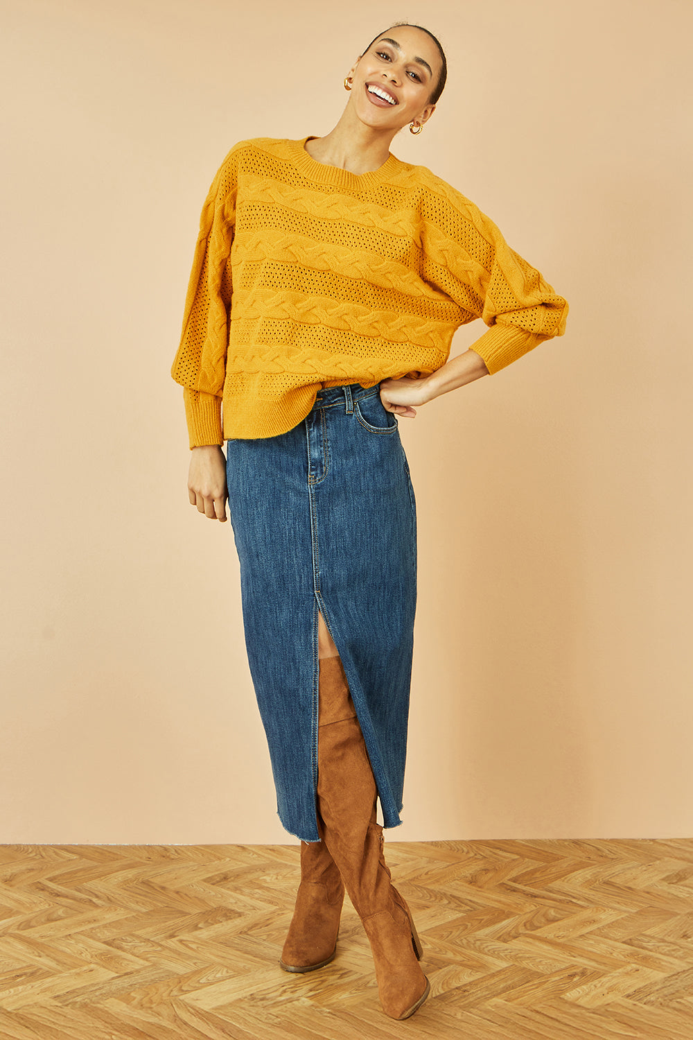 Yumi Mustard Cable Knit Relaxed Fit Jumper