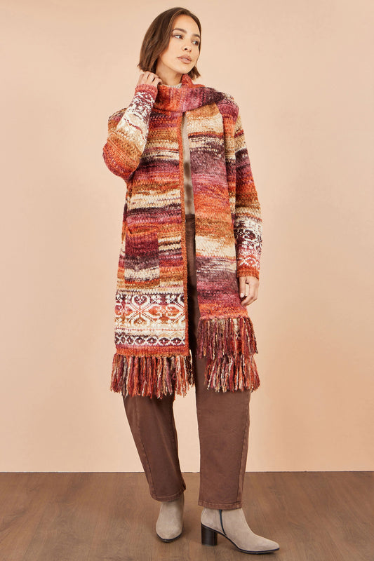 Yumi Orange Boucle Soft Long Cardigan With Scarf