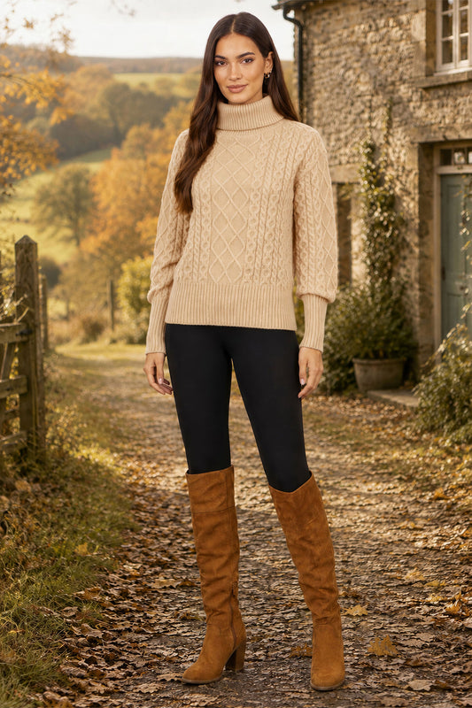 Yumi Beige Cable Knit Roll Neck Jumper