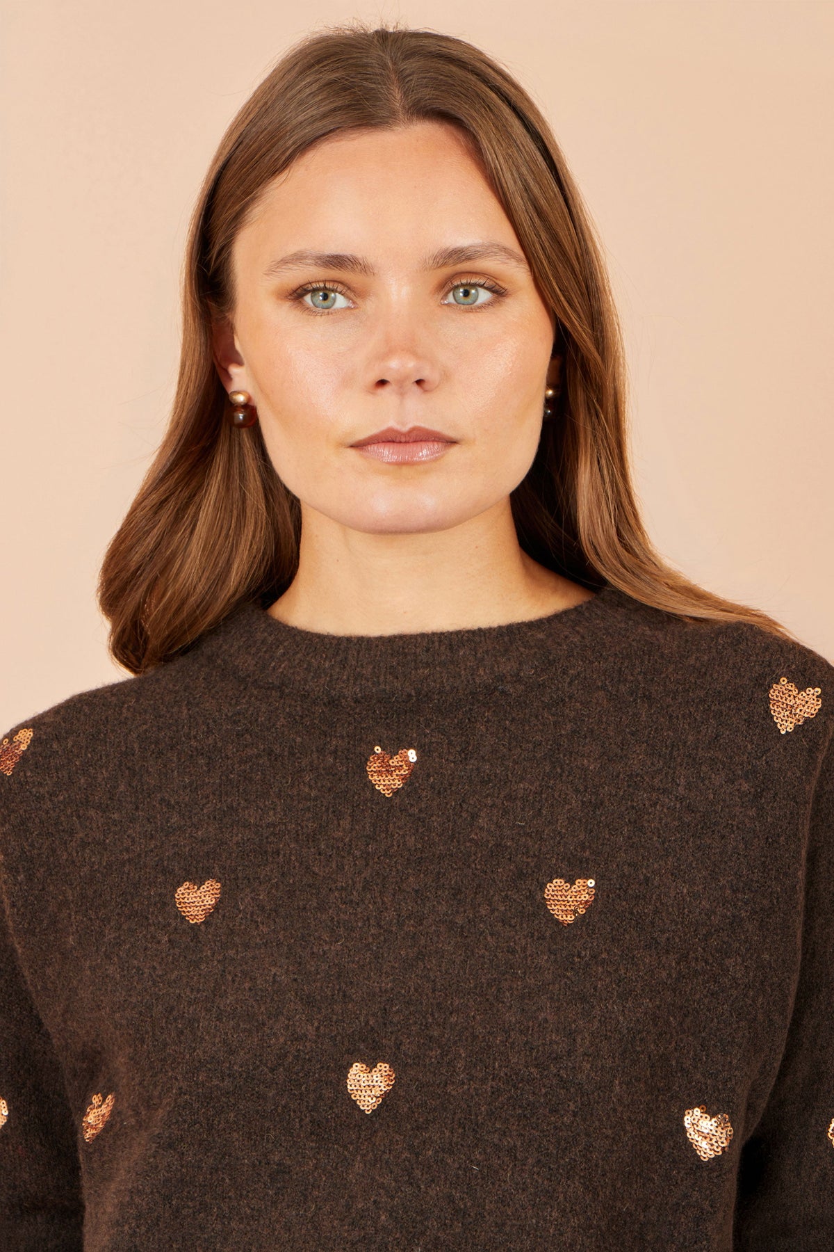 Yumi Brown Sequin Heart Relaxed Jumper