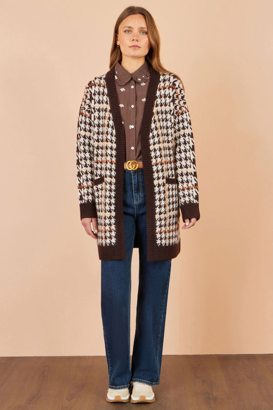 Yumi Brown Knitted Check Long Cardigan