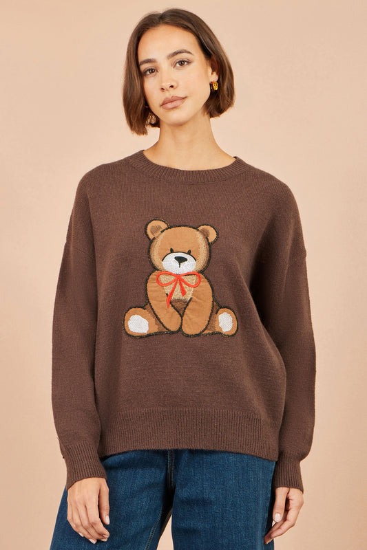 Yumi Brown Teddy Bear Relaxed Jumper
