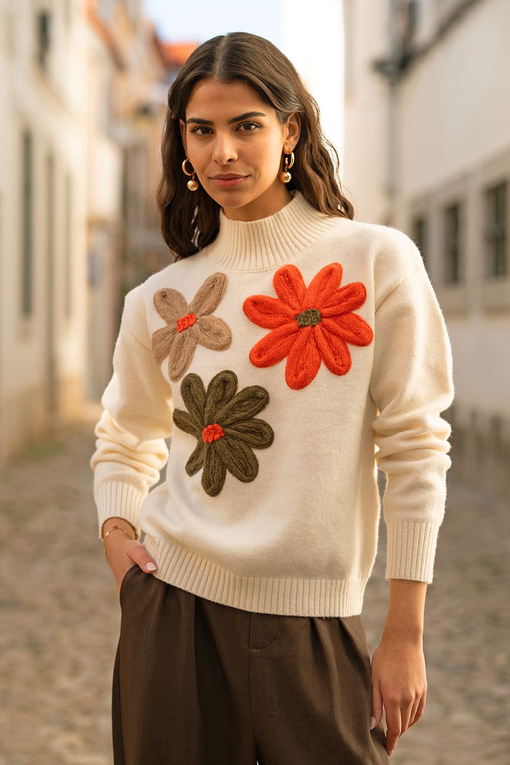Yumi Ivory Knitted High Neck Jumper With Applique Flowers