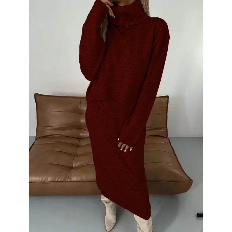 2pcs Sweater Suit Winter Fashion Turtleneck Pullover And Sleeveless Long Dress Womens Clothing