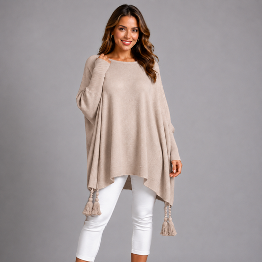 Slash Neck Oversized Jumper with Tassel Detail