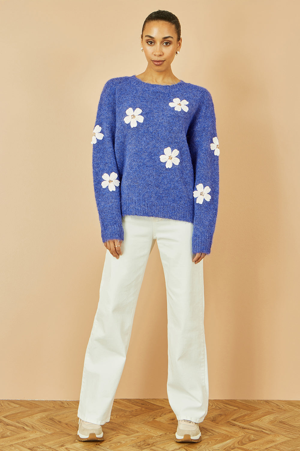 Yumi Blue Relaxed Jumper With Crochet Flowers