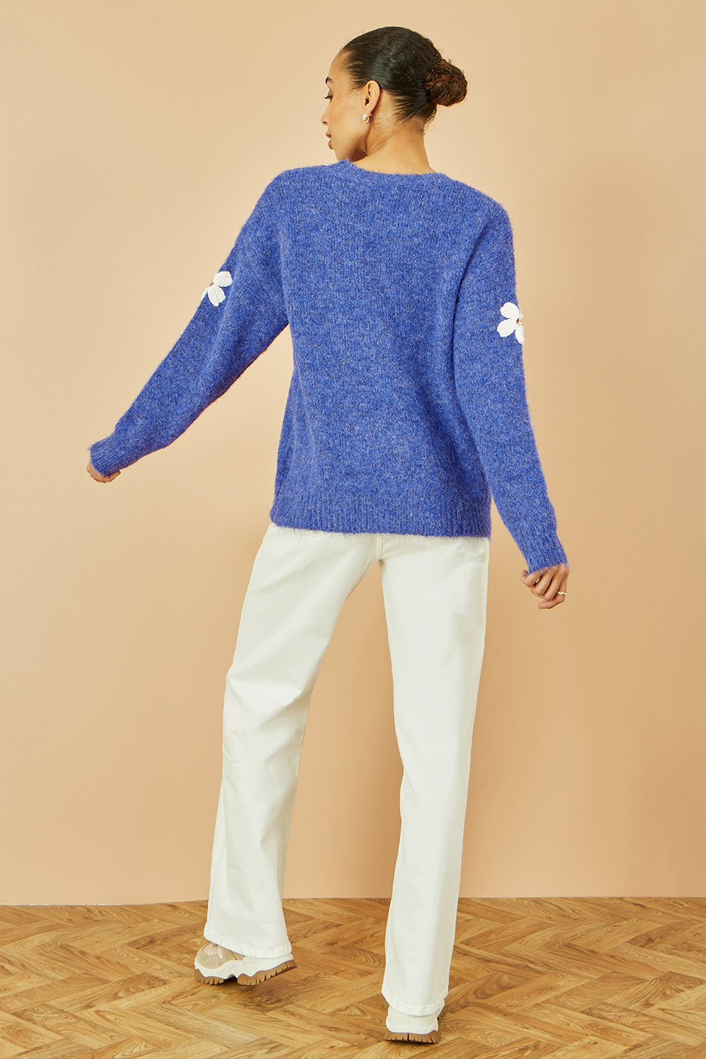 Yumi Blue Relaxed Jumper With Crochet Flowers