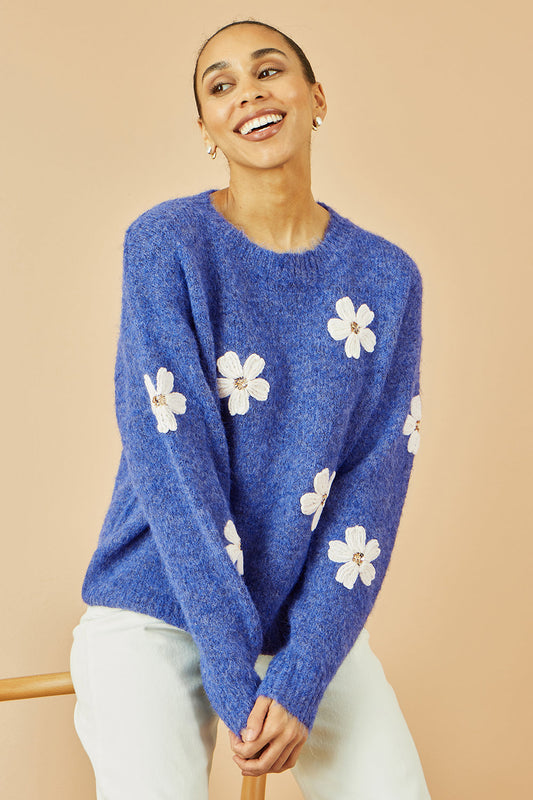 Yumi Blue Relaxed Jumper With Crochet Flowers