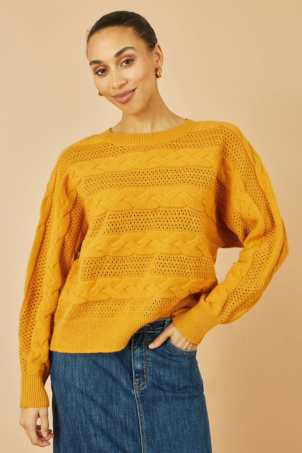 Yumi Mustard Cable Knit Relaxed Fit Jumper