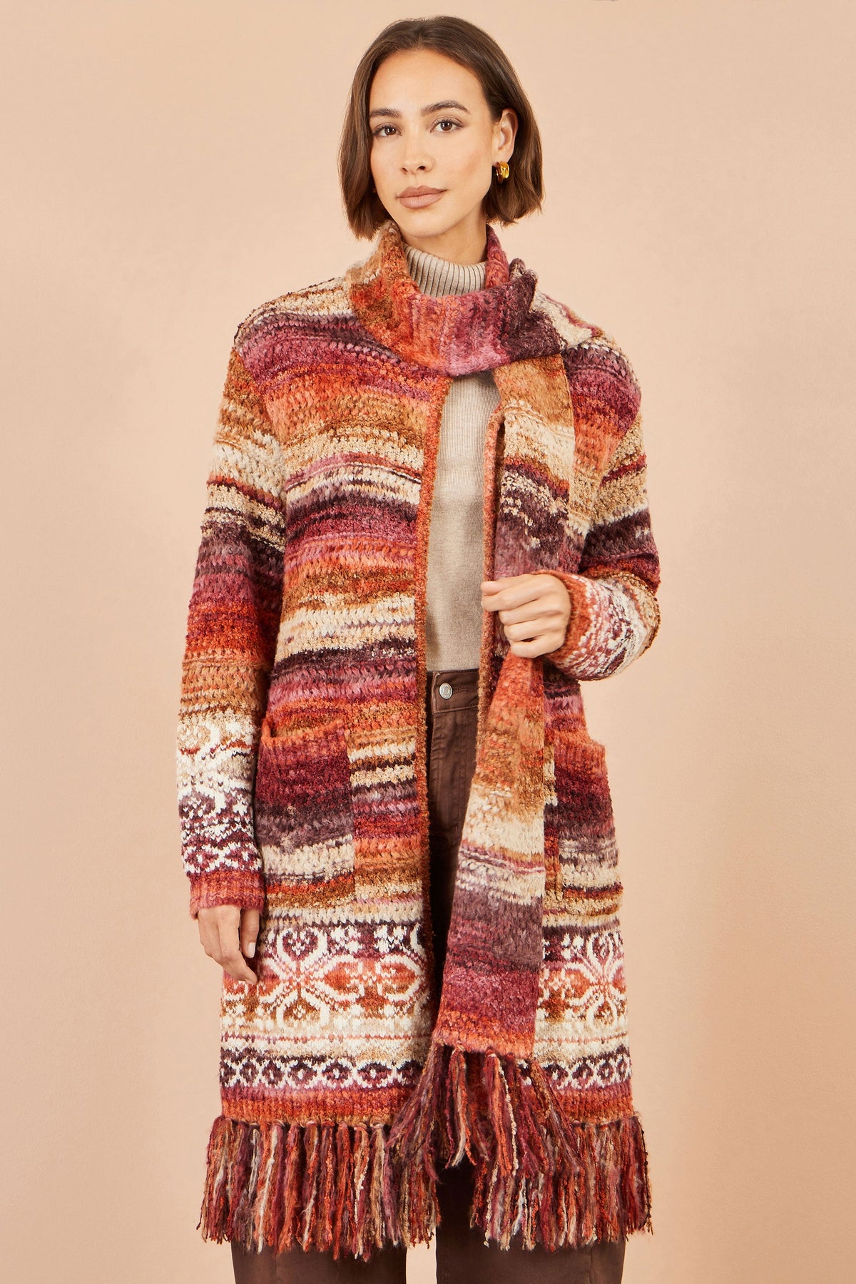 Yumi Orange Boucle Soft Long Cardigan With Scarf