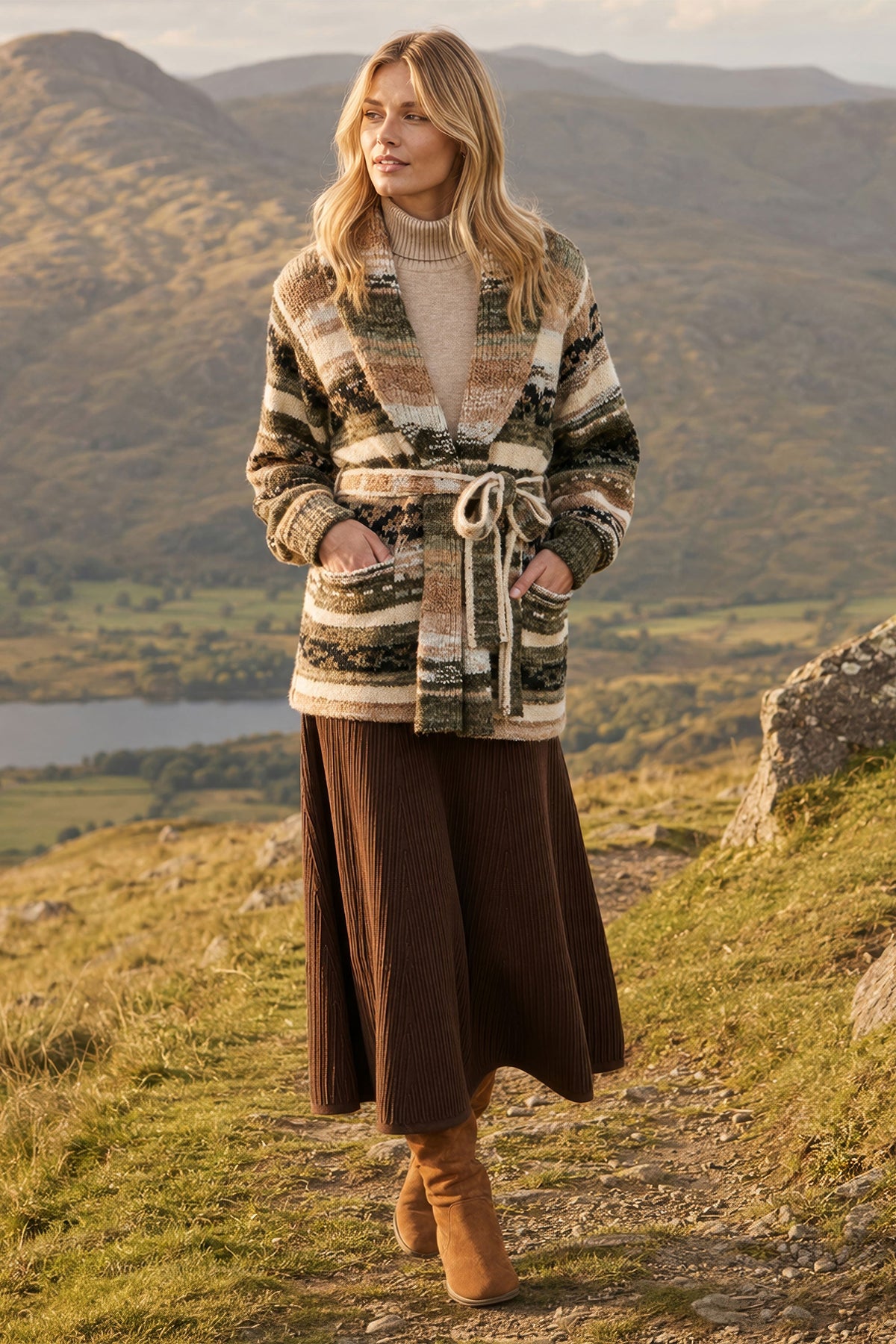 Yumi Green Stripe Fairisle Soft Wrap Cardigan