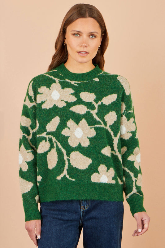 Yumi Green Floral Intarsia Relaxed Fit Jumper