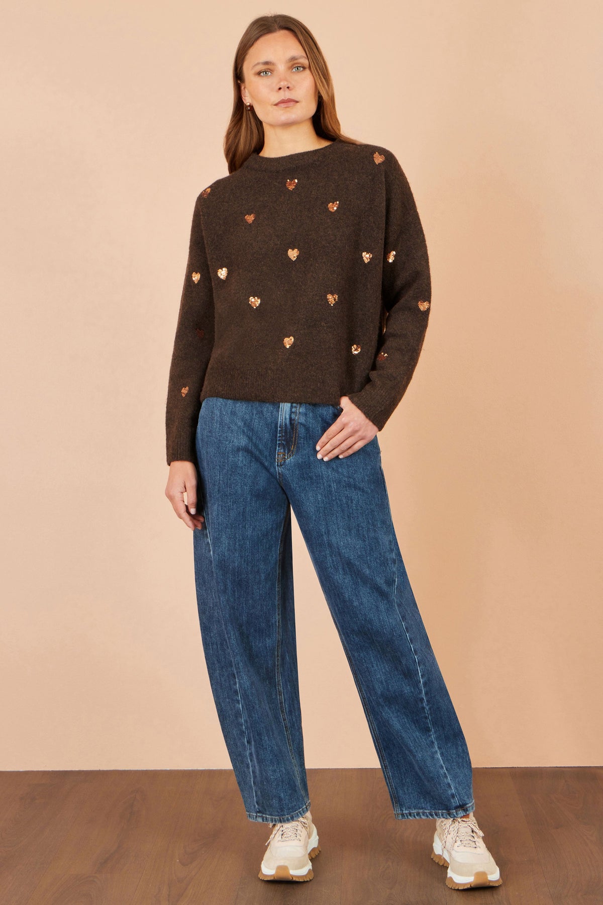Yumi Brown Sequin Heart Relaxed Jumper