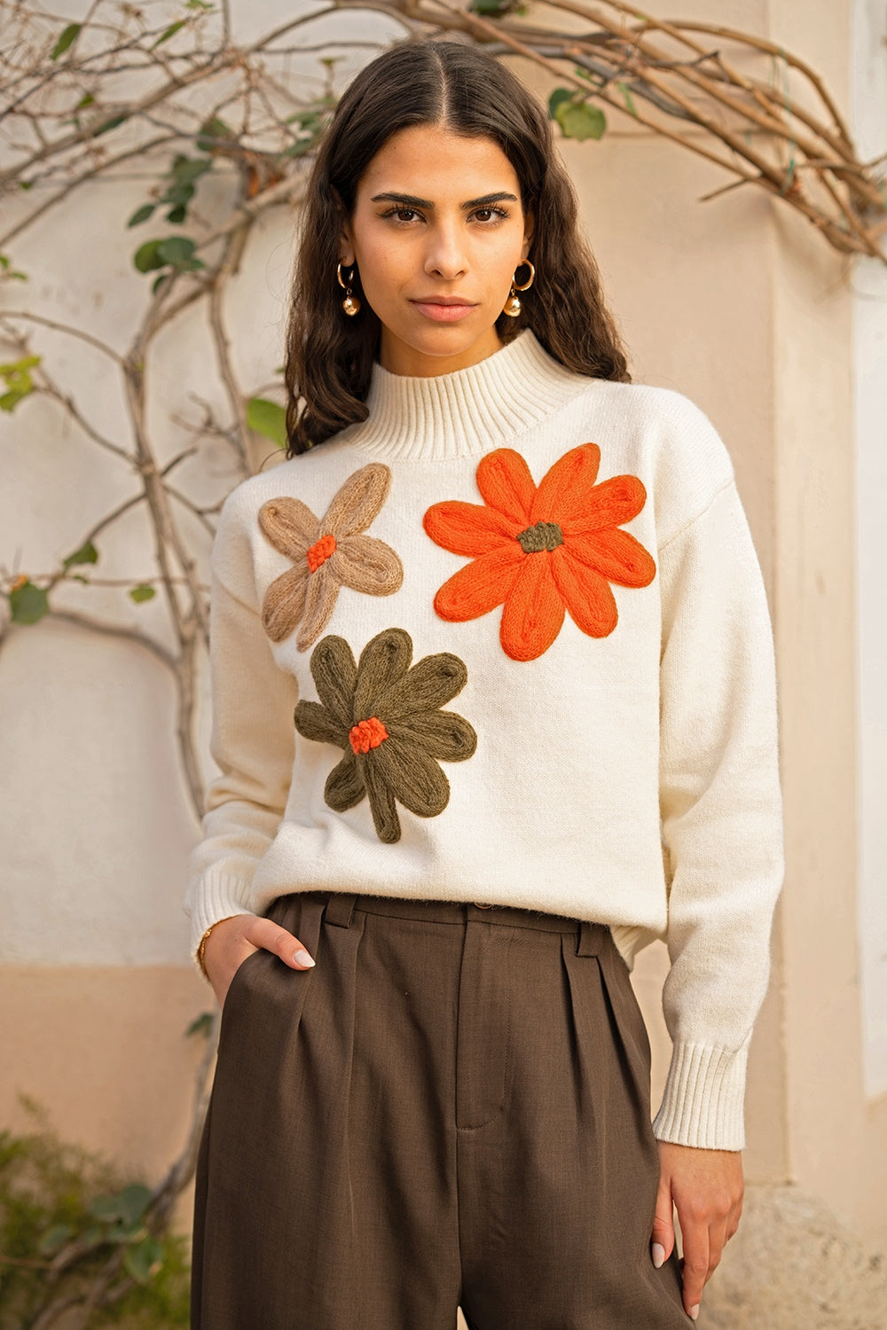 Yumi Ivory Knitted High Neck Jumper With Applique Flowers